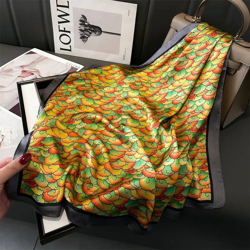 HVATILAWC 70X70cm Big Square Silk Scarf &ndash; Elegant Vintage Print Design FJ858-3 / 70X70cm