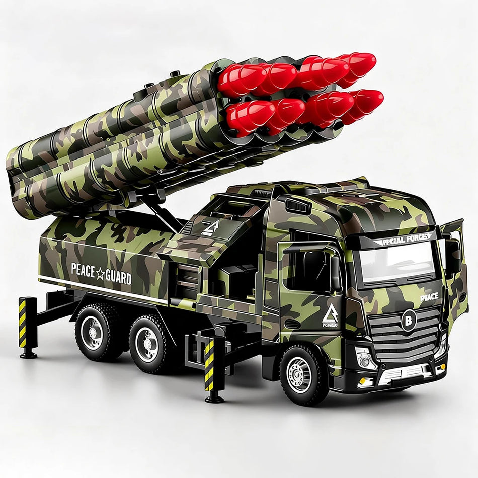 Jucărie camion cu rachete din metal la scară 1:32, cu sunet și lumini, cu retragere.