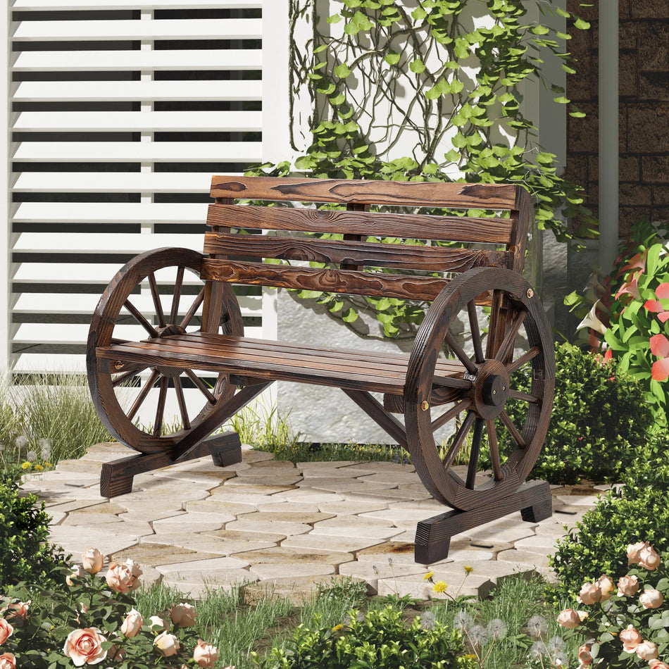 Rustic Two Person Wooden Garden Bench With Wagon Wheel Arms
