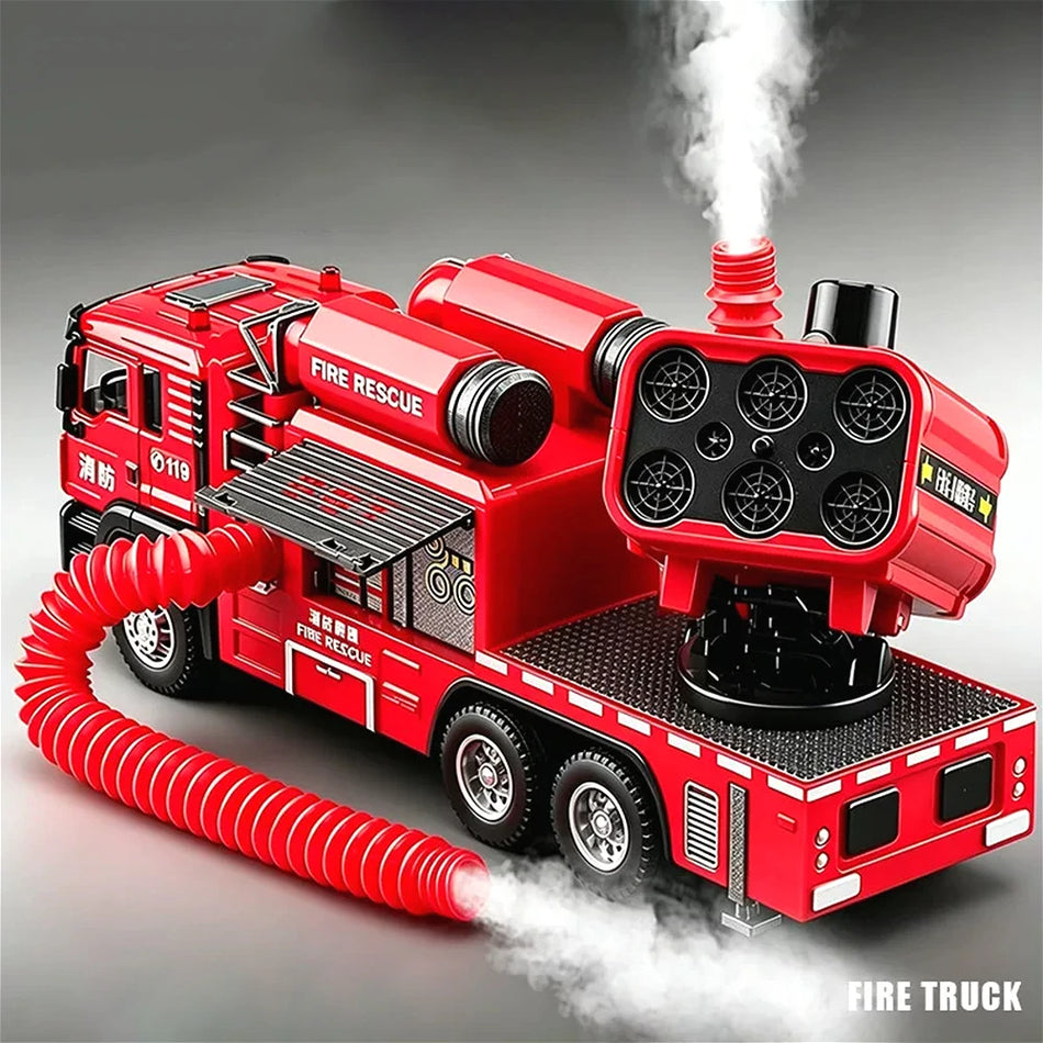 Camión de bomberos de metal a escala 1:50 con tanque de agua, sonido y luces, puertas que se abren.