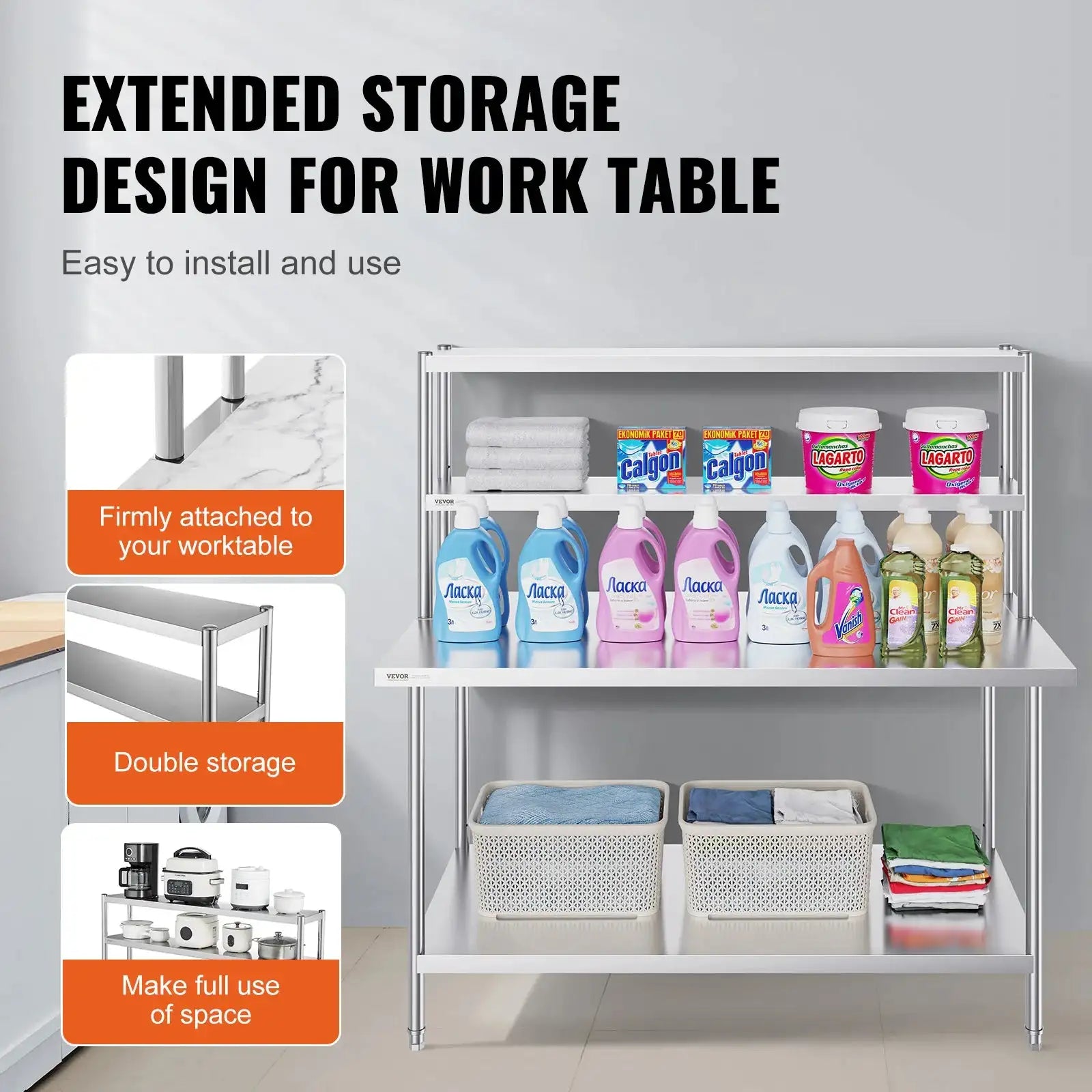 Stainless Steel Kitchen Worktable With Adjustable Overshelf