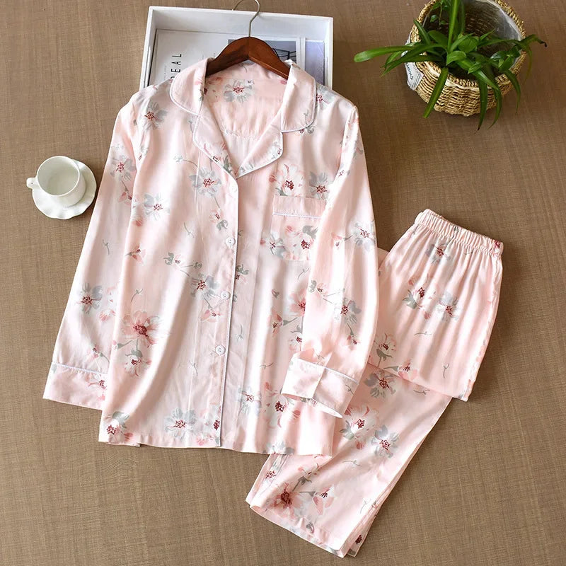 Japanese Style Women's Viscose Pajama Set - Floral Print, Long-Sleeve Pink flower / M