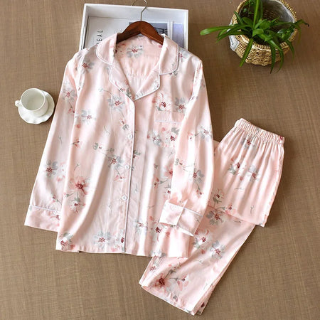 Japanese Style Women's Viscose Pajama Set - Floral Print, Long-Sleeve Pink flower / M