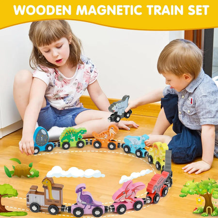Montessori Magnetic Wooden Educational Train Set - Learning Colors and Animals Puzzle for Kids, Includes 10 Carriages with Cute Themes