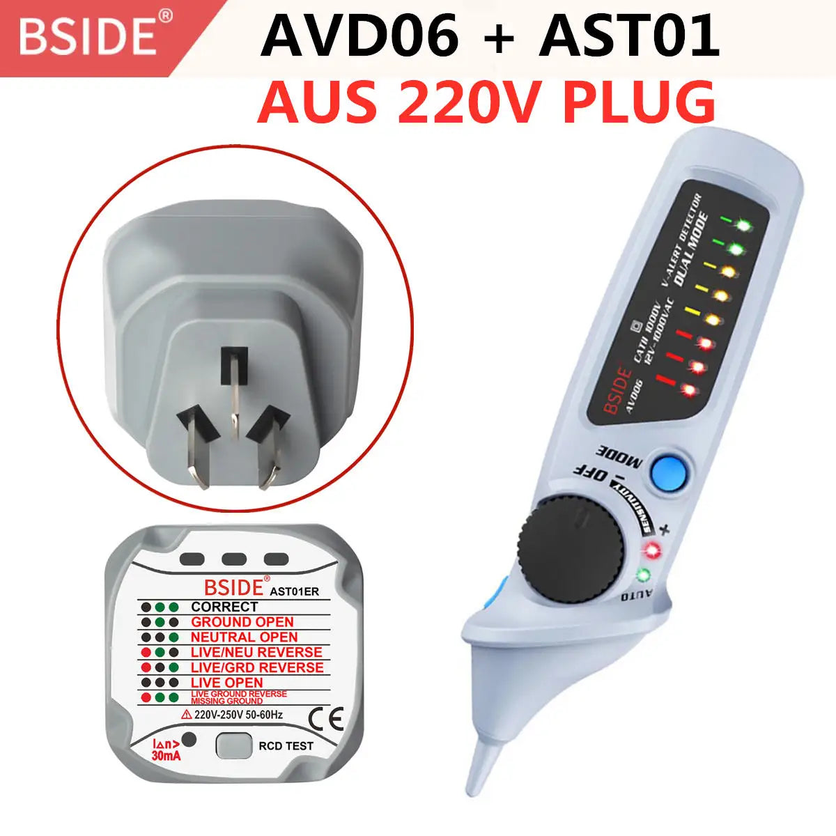 BSIDE Dual Mode Non-Contact AC Voltage Detector &ndash; Auto Mode AVD06-AST01 AUS 220V / CHINA