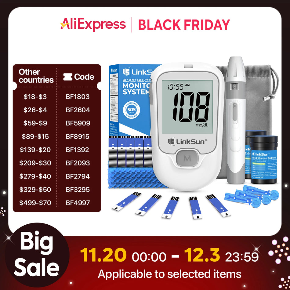 LinkSun Verensokerimittari Sarja Lansetit Testiliuskat 50 ja 100 Medical PVC