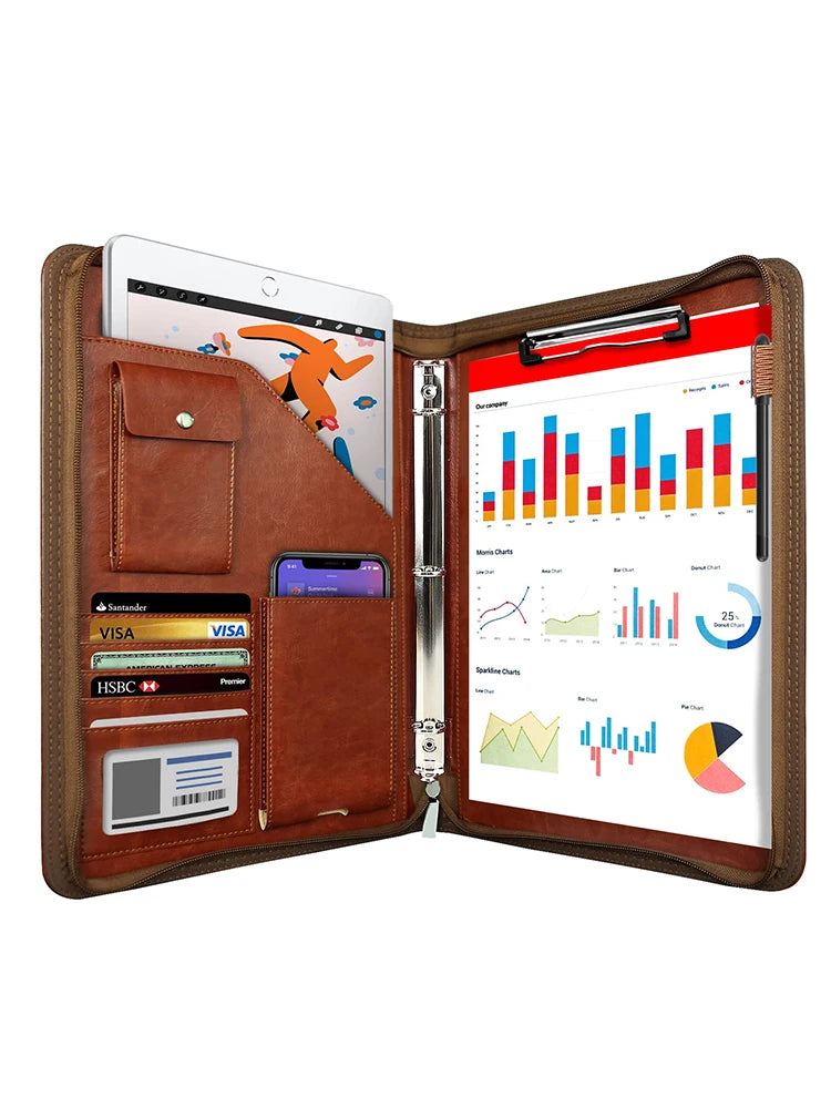 Multifunctional A4 Conference Folder | Leather Document Organizer 2024 brown 3 Ring