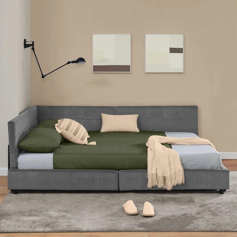 Dobbelt fløjl L-formet hjørnesengramme med lameller i jern