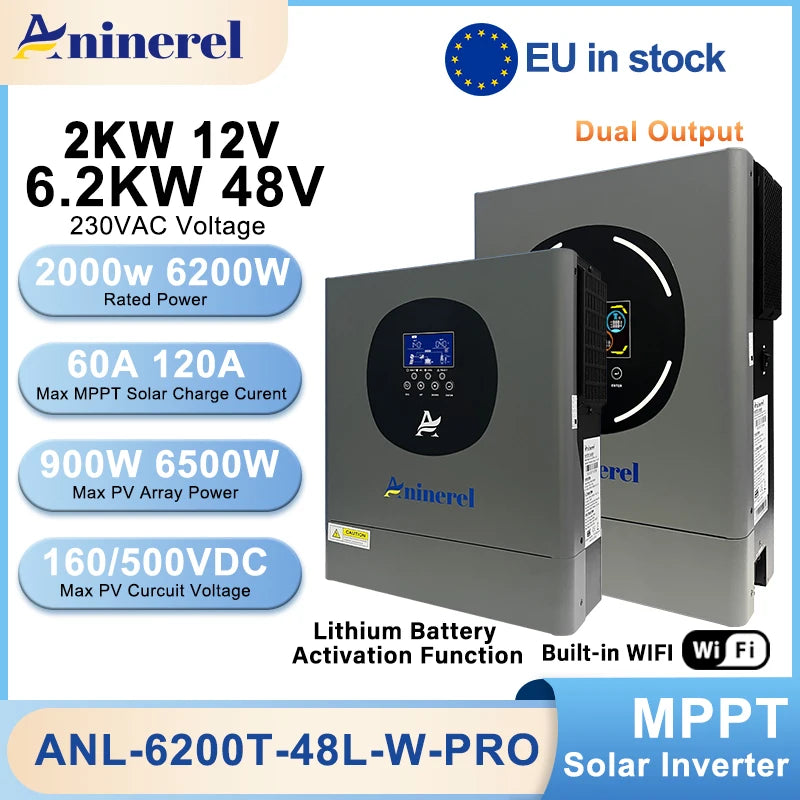 Aninerel 2000W Hybrid Solar Inverter With Dual Output MPPT 60A LCD Display RGB Lighting Pure Sine Wave 12V And 48V
