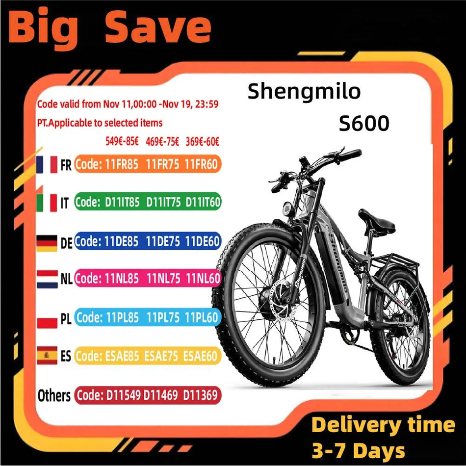 Shengmilo S600 Ηλεκτρικό Ποδήλατο με Διπλό Μοτέρ Παχύ Λάστιχο 2000W