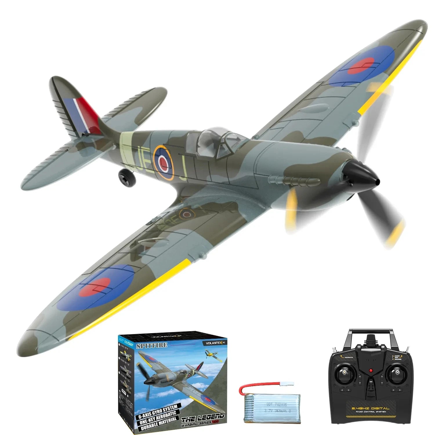 Volantex Spitfire RC Fighter Plane - 400mm, 4CH, One-Key Aerobatic, RTF 1 Battery / CHINA