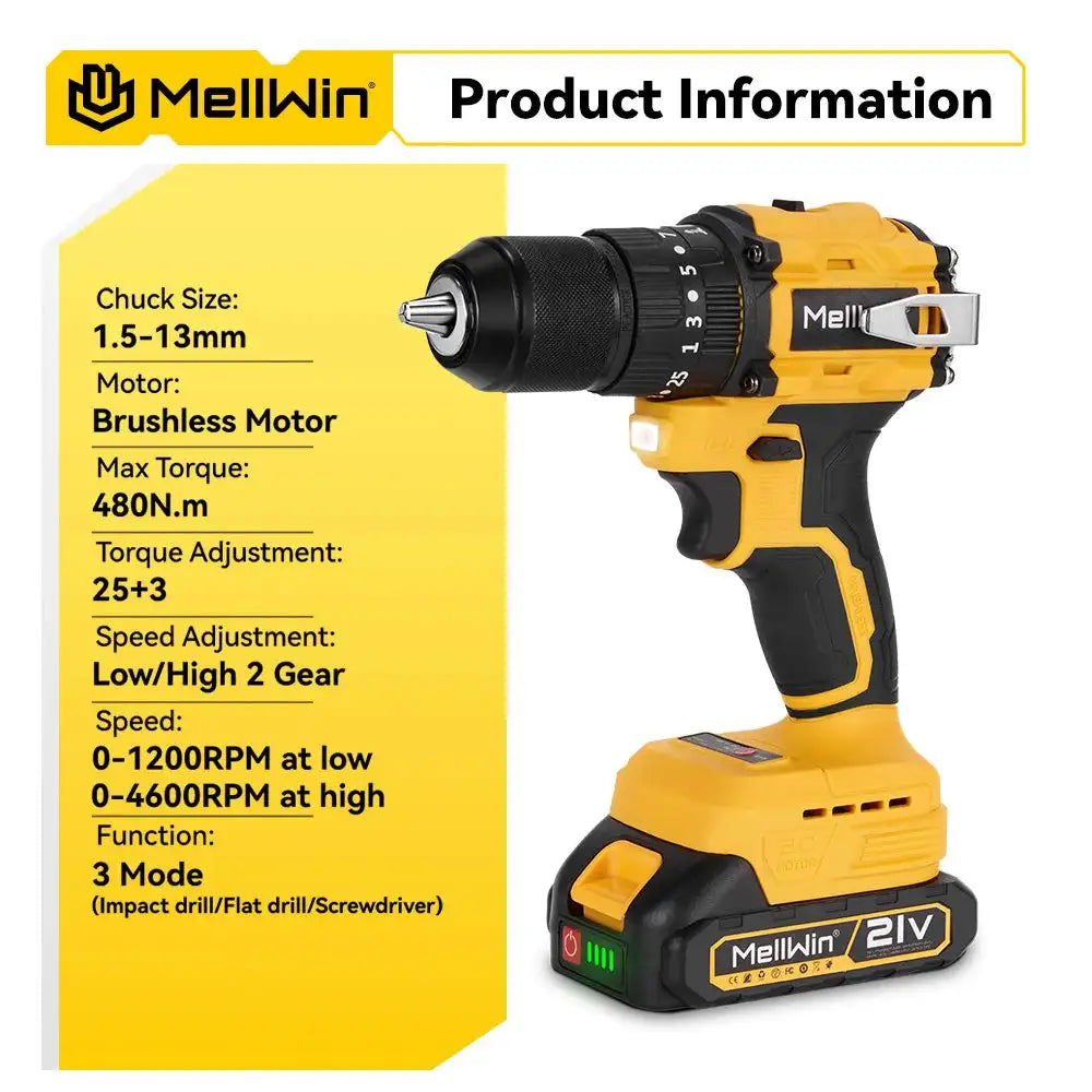 MELLWIN 25+3 Torque Brushless Electric Impact Drill &ndash; 3-Mode