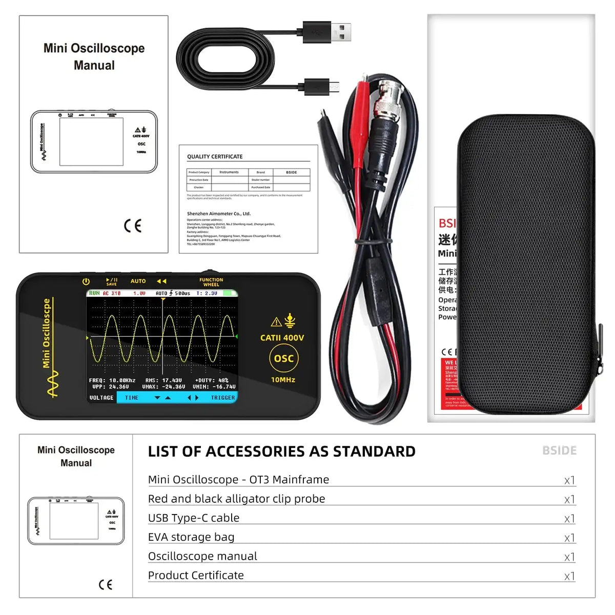 BSIDE OT3 Handheld Auto Digital Oscilloscope 10MHz Sampling OT3