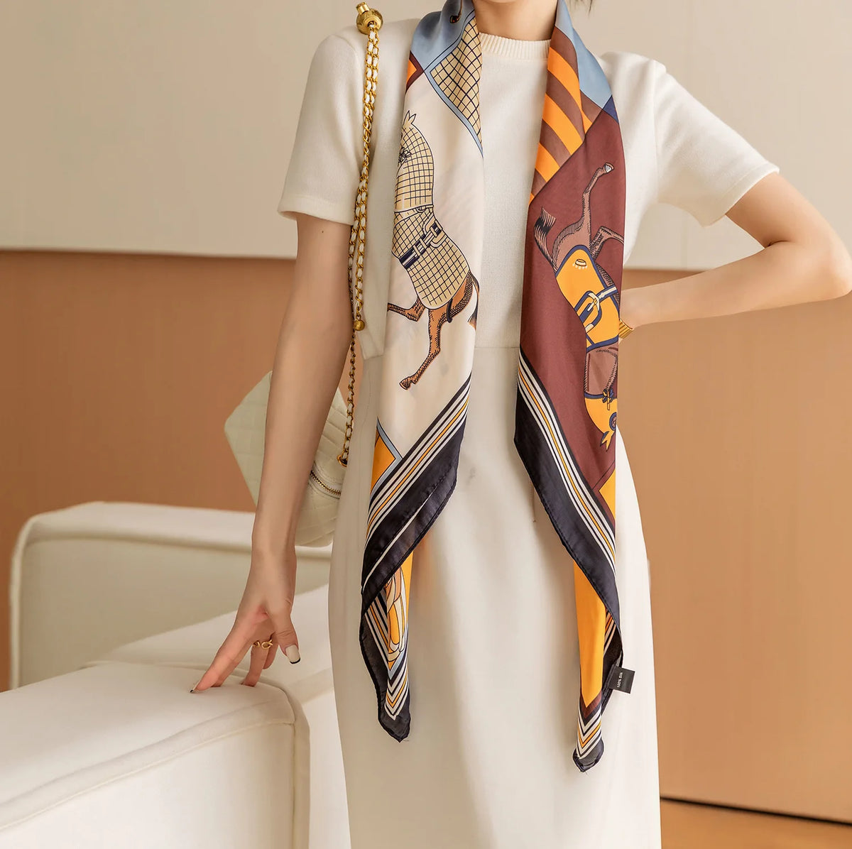 Luxury Horse Print Square Scarf &ndash; Vintage Imitation Silk Elegance