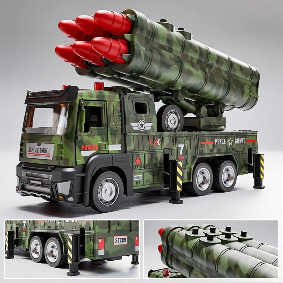 Model zabawki samochodu z wyrzutnią rakietową, dronem, diecast, z funkcją pociągania do tyłu oraz dźwiękiem i światłem dla DUFFDUN.