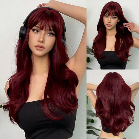 Wine Red Long Curly Synthetic Wig with Bangs - Heat Resistant &amp; Daily Wear 27-131-wine red / 26inches