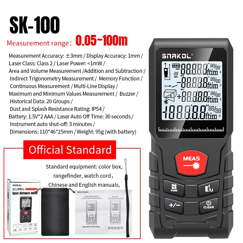 SNAKOL Professional Laser Distance Meter with Range Options up to 120m SK-100