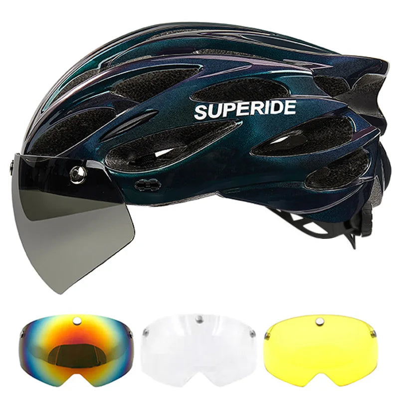Ultralight Cycling Helmet with Magnetic Goggles and Sun Visor In Mold 54 to 61 cm