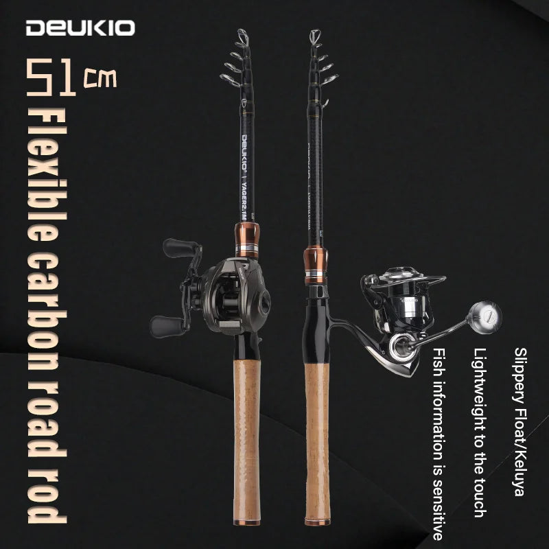 DEUKIO Carbon Telescopic Lure Rod 1.8M 2.1M - Baitcasting Fishing Pole with Wooden Handle