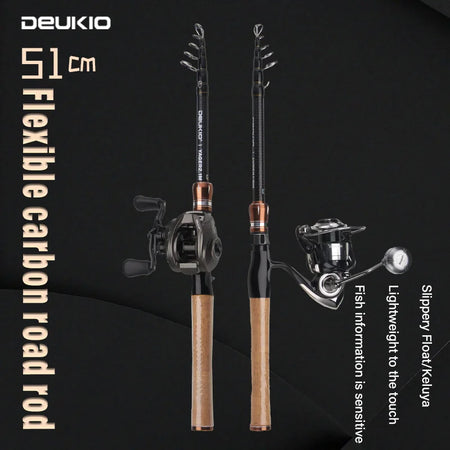 DEUKIO Carbon Telescopic Lure Rod 1.8M 2.1M - Baitcasting Fishing Pole with Wooden Handle
