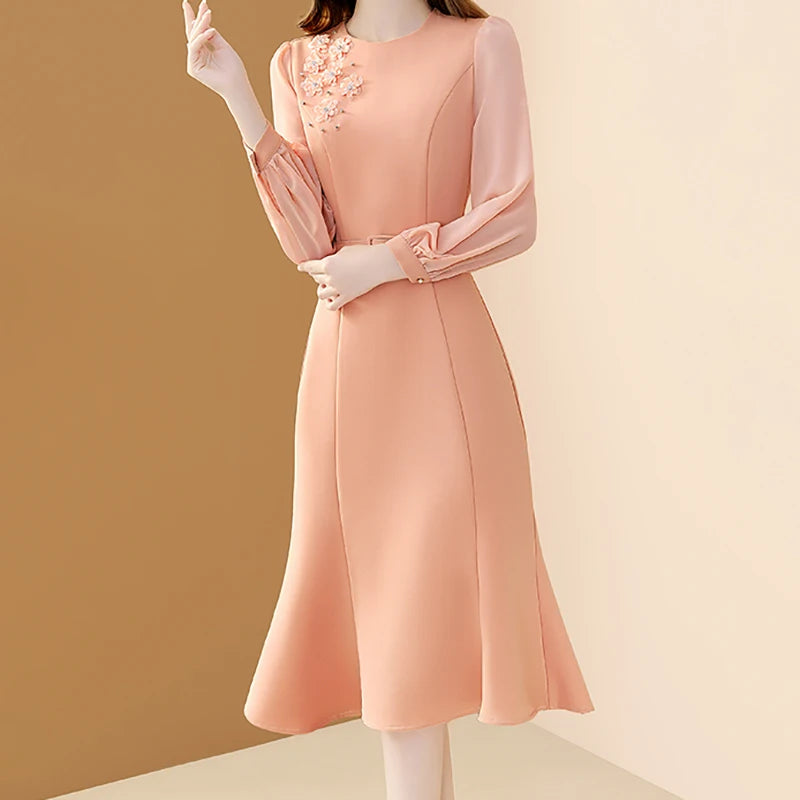 EVNISI Elegant Floral Embroidery A-line Dress with Belt for Women