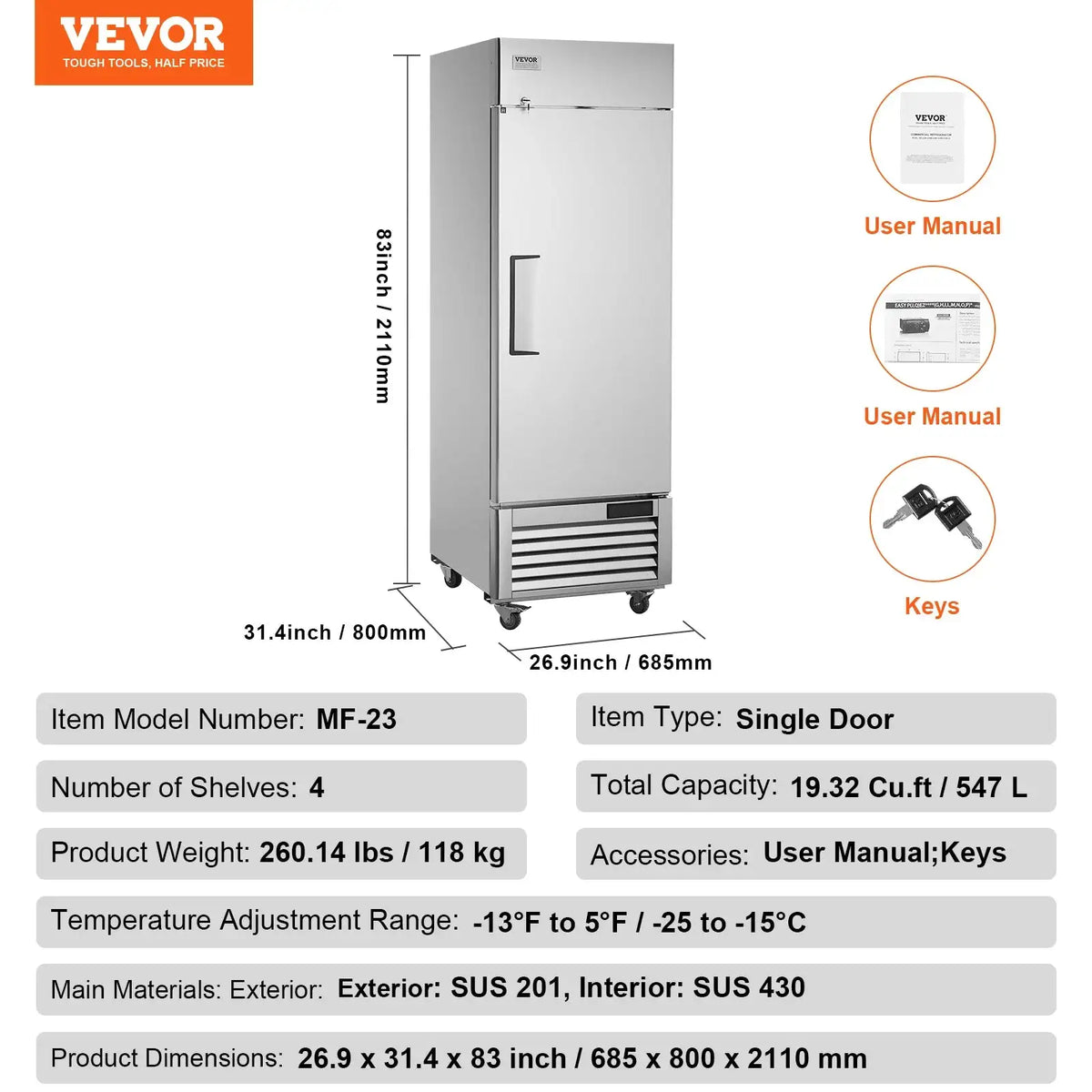 VEVOR Commercial Freezer Reach In Single Door Auto Defrost Single-door / CZECH REPUBLIC