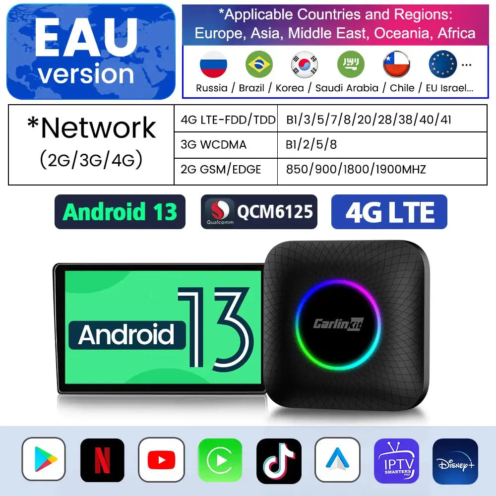 Carlinkit AI Box Android 13 Wireless CarPlay Android Auto TV LED Android 13 EAU / 8GB 128GB