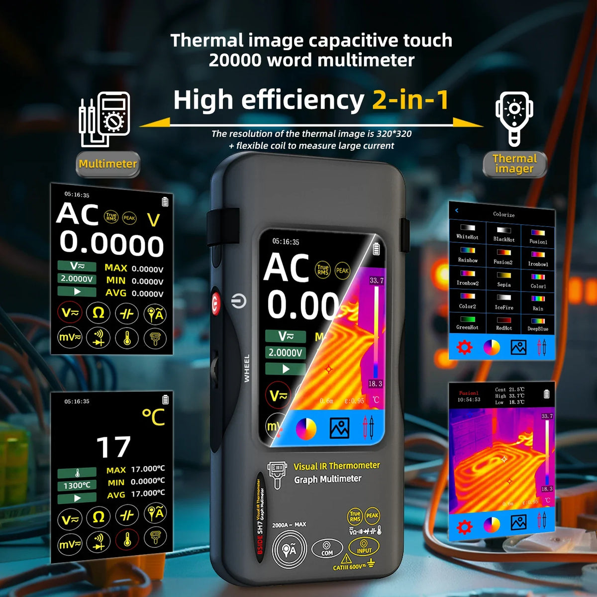 Advanced BSIDE SH7 Digital Multimeter &amp; Thermal Imaging Camera with Macro Lens for Electrical Diagnostics