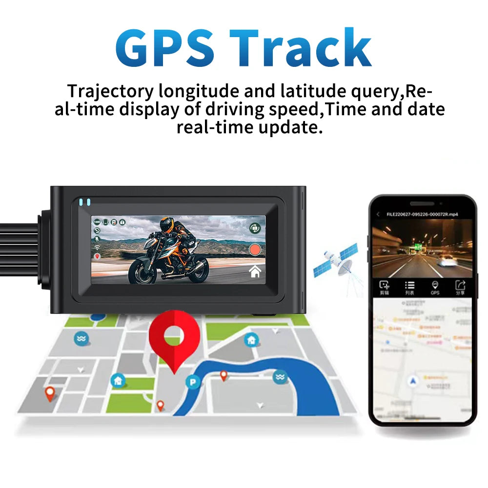 Motorcycle Camera Touch Screen Wifi GPS &ndash; HD 1080P Dual Lens Waterproof Dash Cam