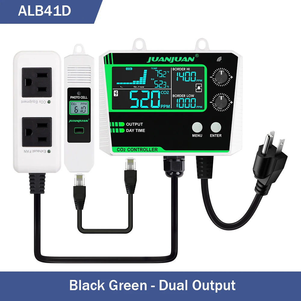 Juanjuan 0-5000ppm CO2 Controller &ndash; LCD Display Monitor Black Green 2 Output / EU Plug