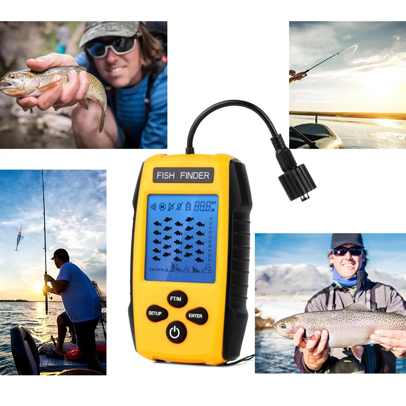 Handheld Fish Finder with LCD Display &amp; Sonar Transducer - 328ft Depth Default Title
