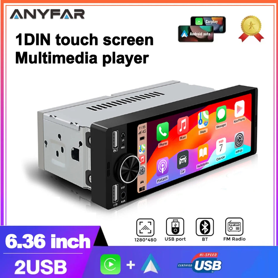 6,36-calowe uniwersalne radio samochodowe 1-DIN z bezprzewodowym CarPlay i Android Auto