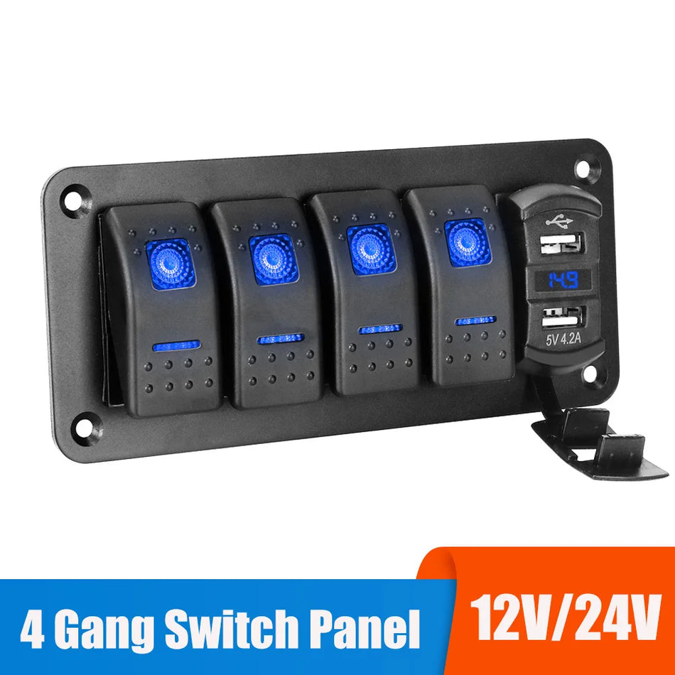 Přepínací panel 24V 12V se 4 tlačítky, USB 3.0 nabíječka, voltmetr pro auto a obytný vůz