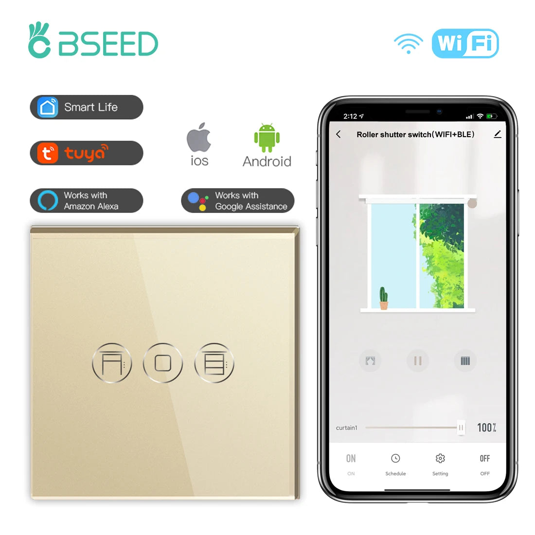 BSEED Smart Wifi Roller Shutter Switch with Voice Control Gold 86mm / EU standard