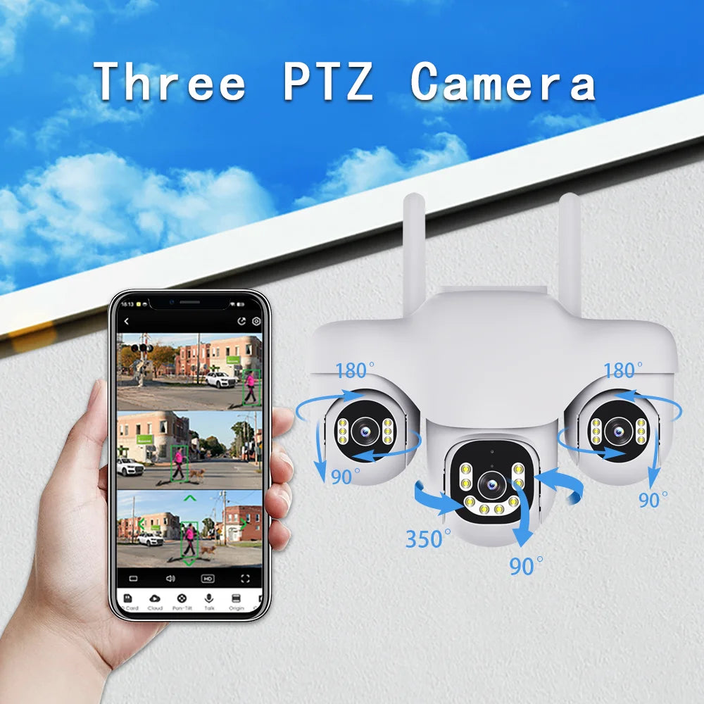 15MP WiFi Camera Outdoor HD Three Lens Three Screen PTZ IP Cam Human Auto Tracking Waterproof Smart Security Surveillance CCTV