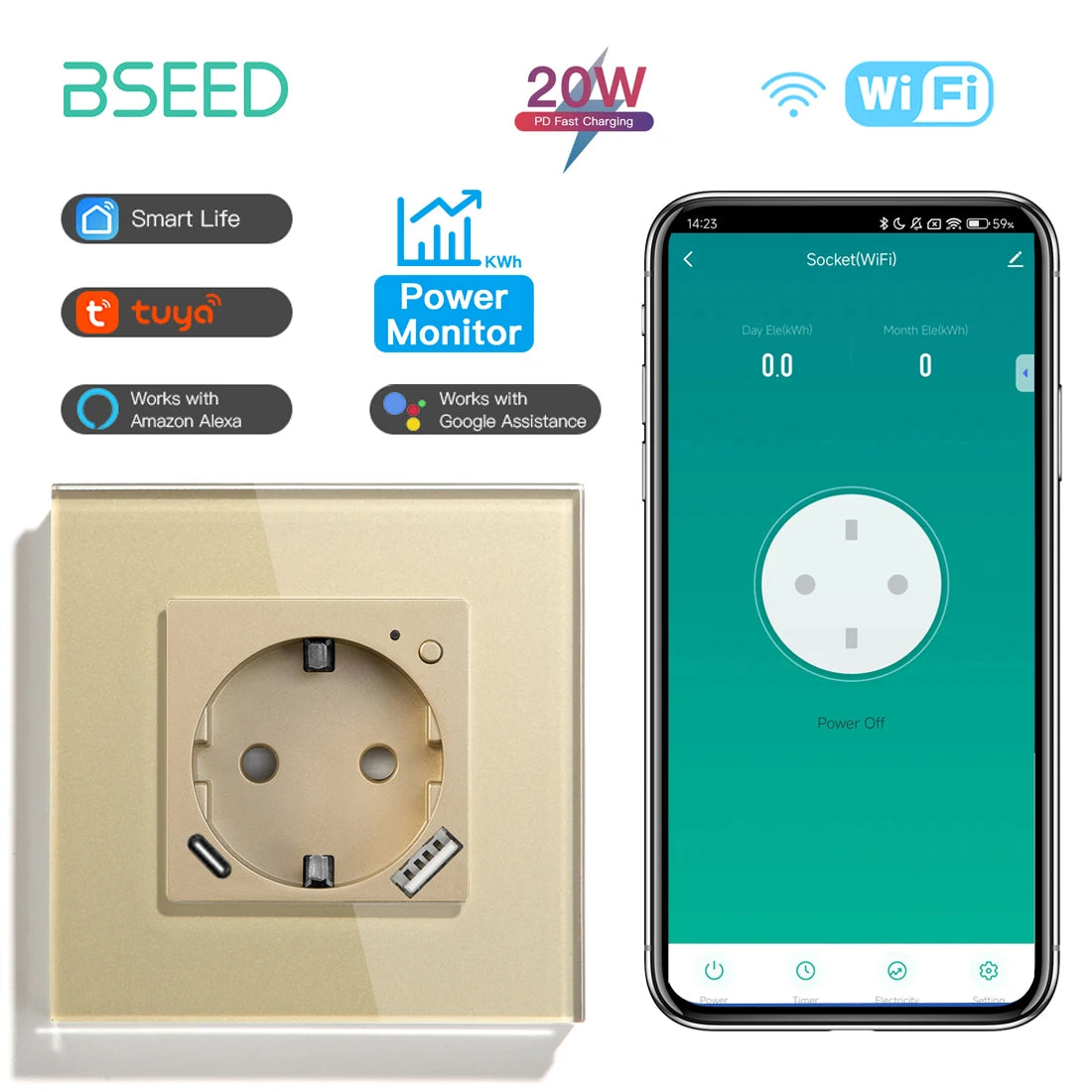 BSEED Smart Wifi Wall Socket 86mm Gold / EU