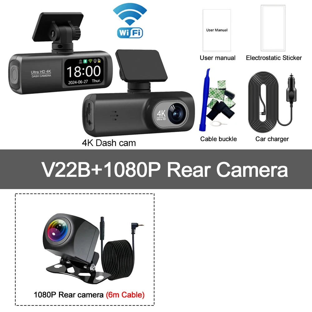 UHD 4K Dash Cam Dual Lens &ndash; Built-In WiFi and GPS for 24-Hour Parking Monitoring V22B-6M RCC / 64G