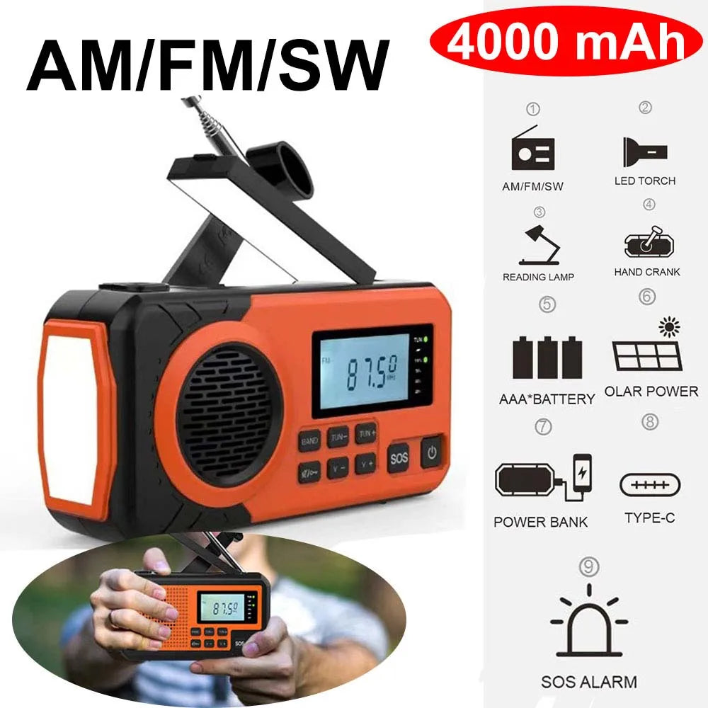 4000mAh Portable Emergency Solar Power Radio with Hand Crank and LED Flashlight Orange3 4000mAh