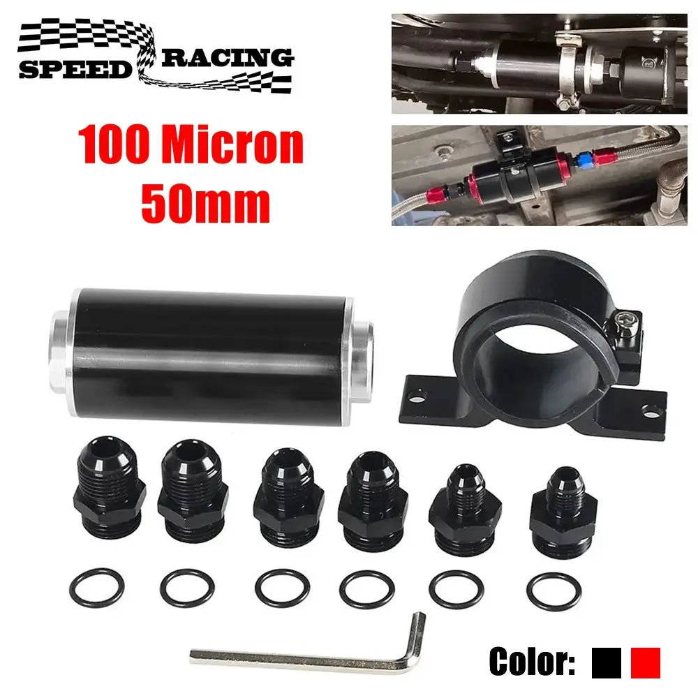 Universal 100 Micron Inline Fuel Filter Kit with 6AN 8AN 10AN Adapters & 50mm Mounting Bracket & Wrench Cleanable Black/Red by InterCyprus Trading Ltd