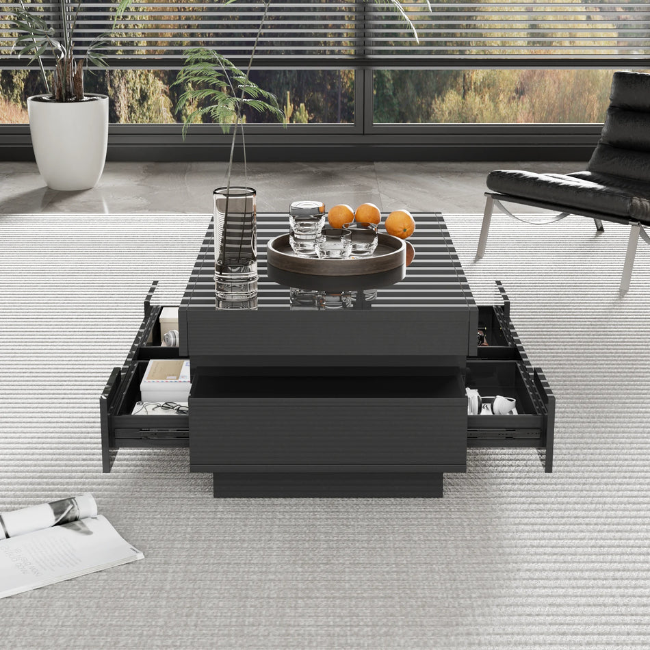 Lesklý konferenční stolek s LED světelnou lištou a čtyřmi zásuvkami