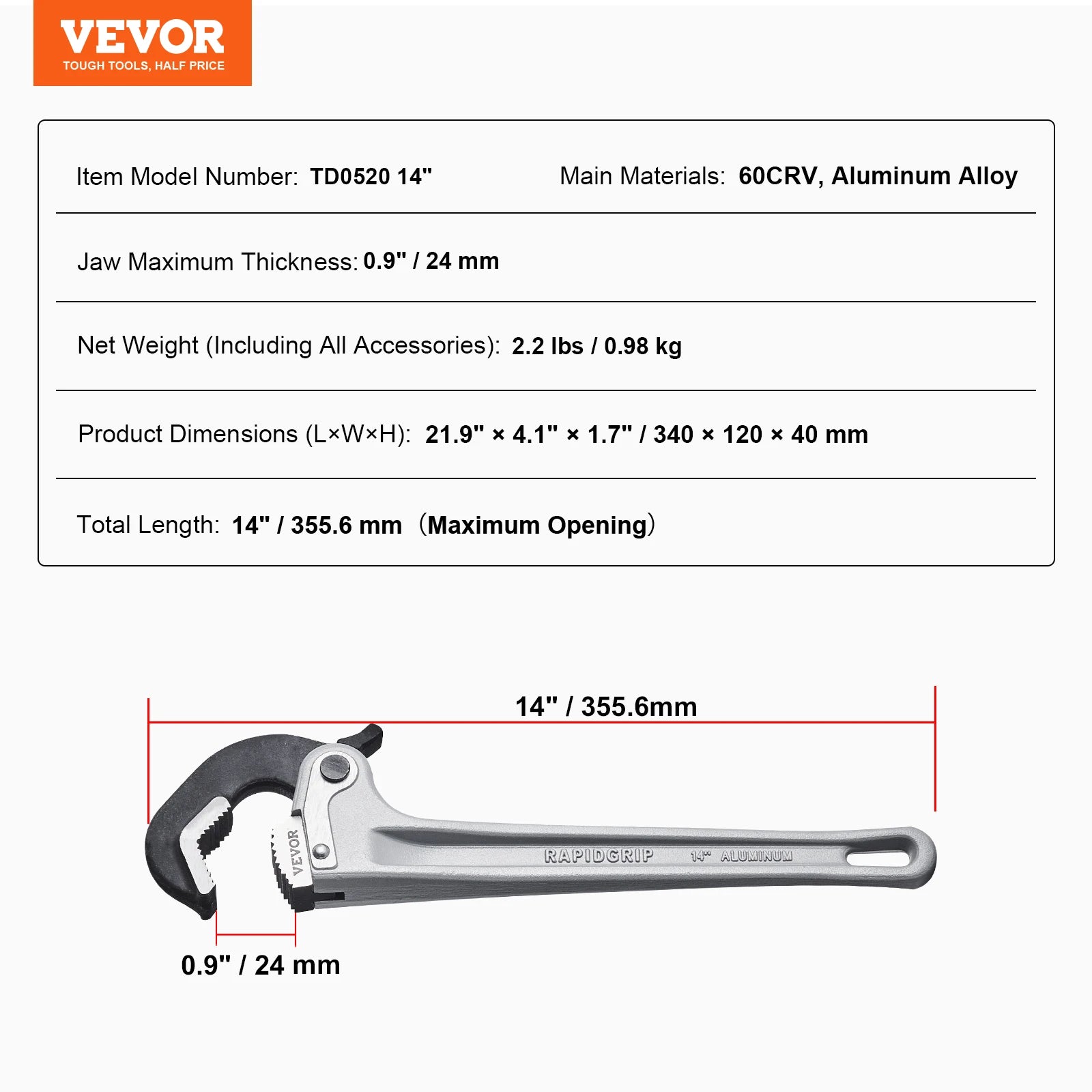SucceBuy TD0505 24In Aluminum Pipe Wrench &ndash; Ergonomic Handle 14inch / United States