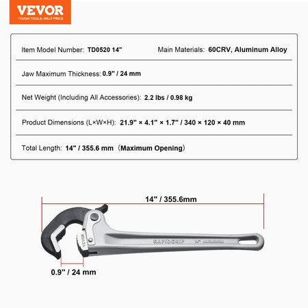 SucceBuy TD0505 24In Aluminum Pipe Wrench &ndash; Ergonomic Handle 14inch / United States