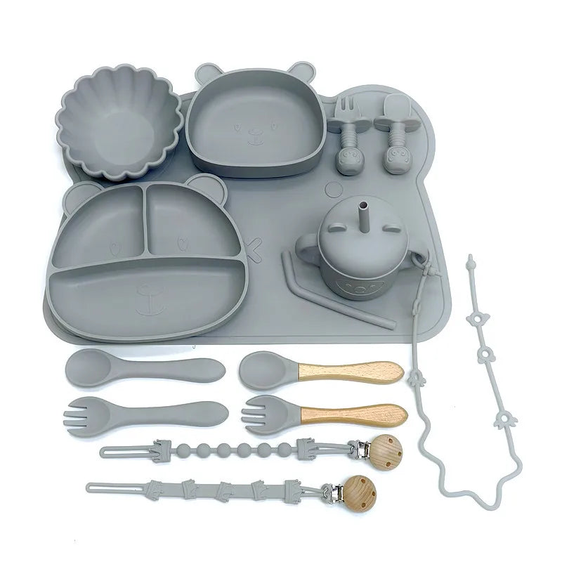 Children's Silicone Meal Plate Set &ndash; Fun Bear Design with Suction Cups gray