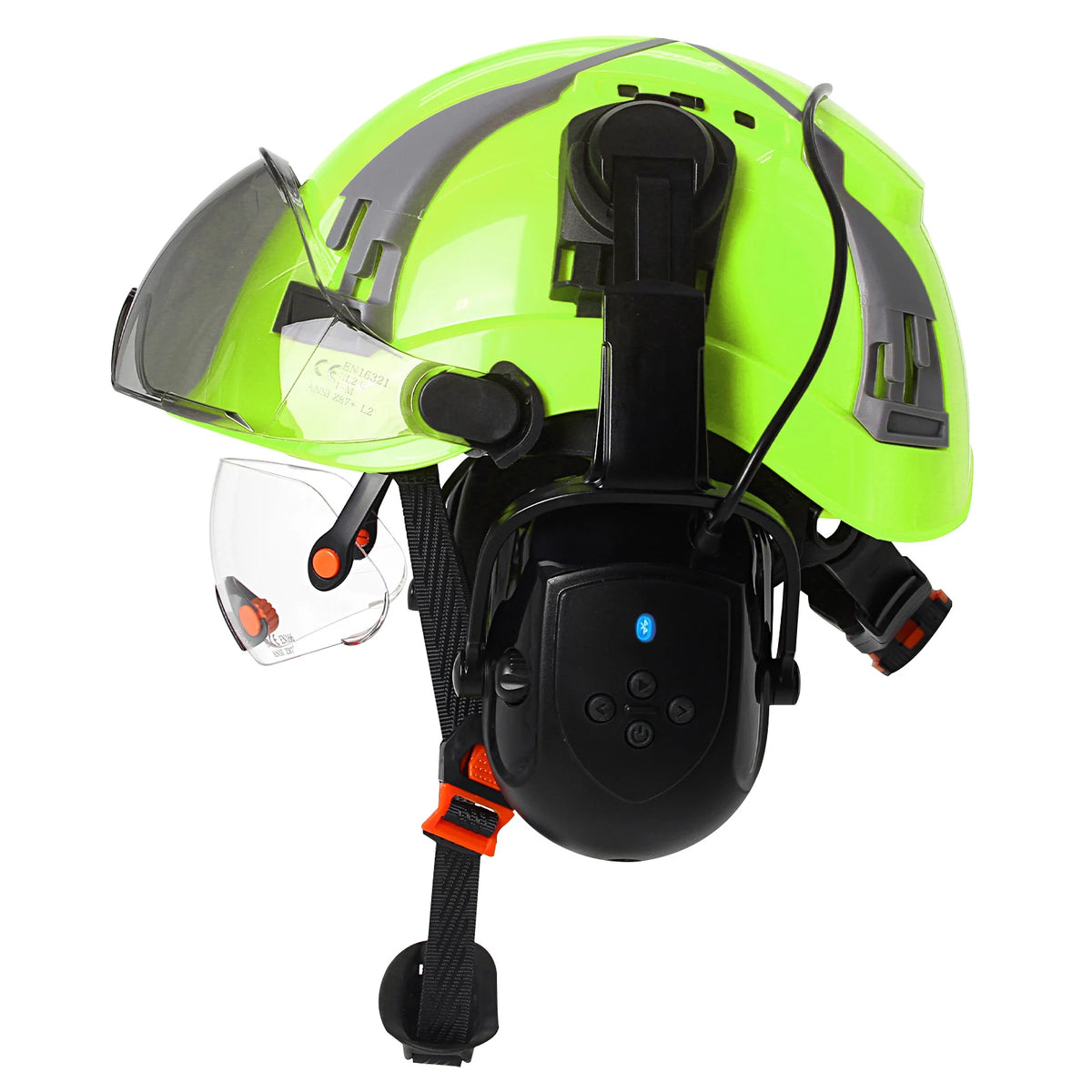 CE Safety Helmet With Bluetooth Earmuffs &ndash; Built In Goggles Green Set