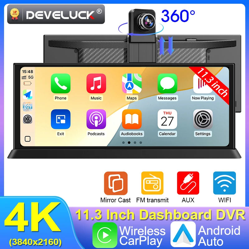 Dash Cam 11.3 Inch 4K Dual Lens with Wireless CarPlay, Front 4K and Optional Rear Camera, IPS Display