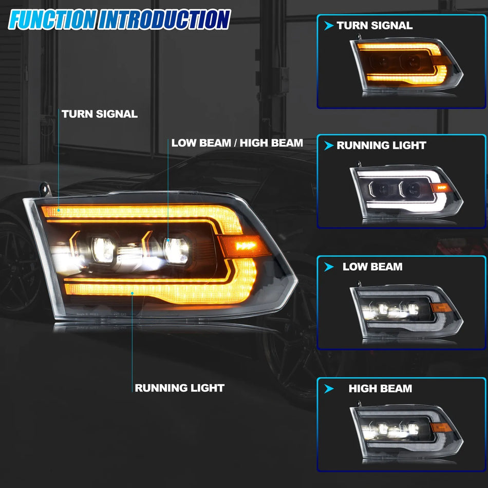 Fari a LED Dodge Ram 2009-2018 con Proiettore DRL, Indicatori Sequenziali
