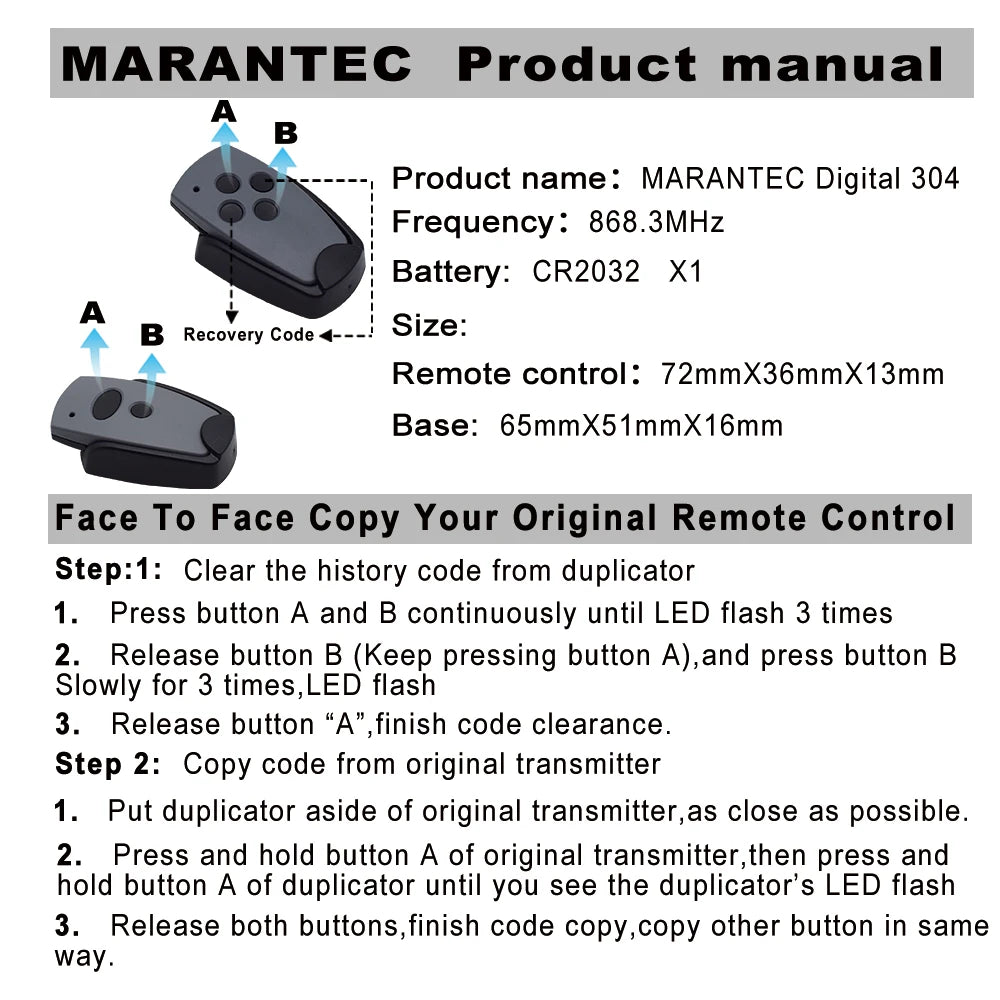 Marantec Garage Door Remote Control D302/D304 - 868MHz &amp; 433MHz Duplicator