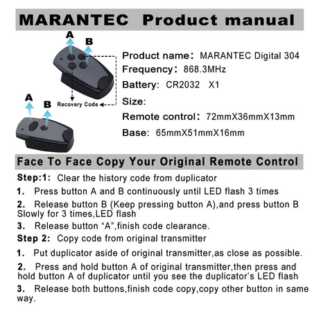 Marantec Garage Door Remote Control D302/D304 - 868MHz &amp; 433MHz Duplicator