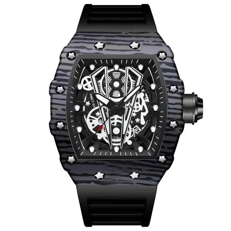 BINBOND Sporty Men's Tonneau Quartz Watch with Hollow Surface and Silicone Strap black