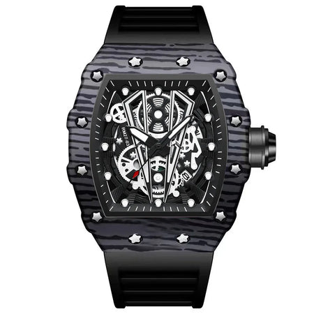 BINBOND Sporty Men's Tonneau Quartz Watch with Hollow Surface and Silicone Strap black